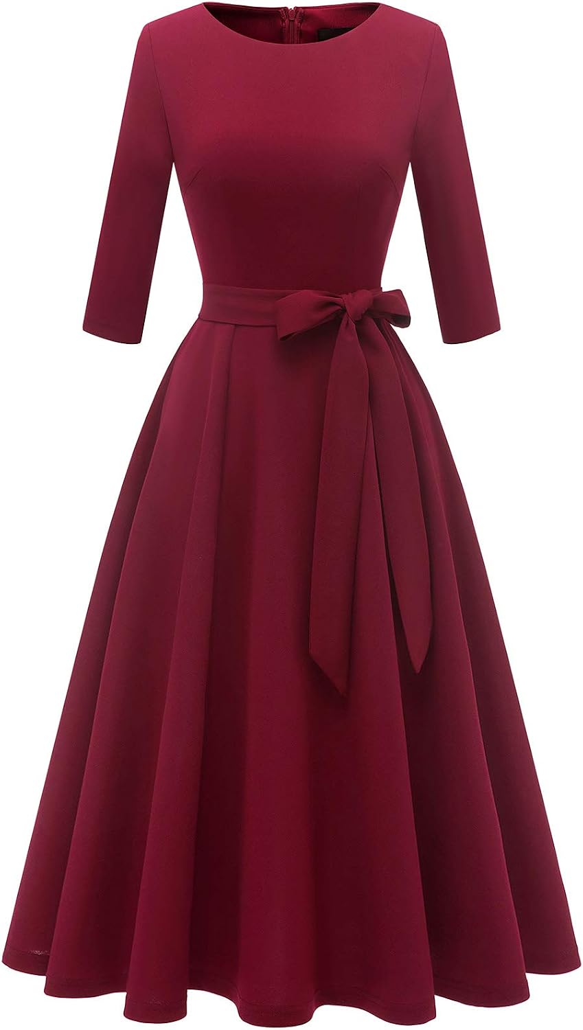 DRESSTELLS Cocktail Dresses for Women, Vintage Wedding Guest Church Dress | 3\/4 Sleeves, A-line, Mid Calf, Detachable Belt, Ideal for Formal Tea Party