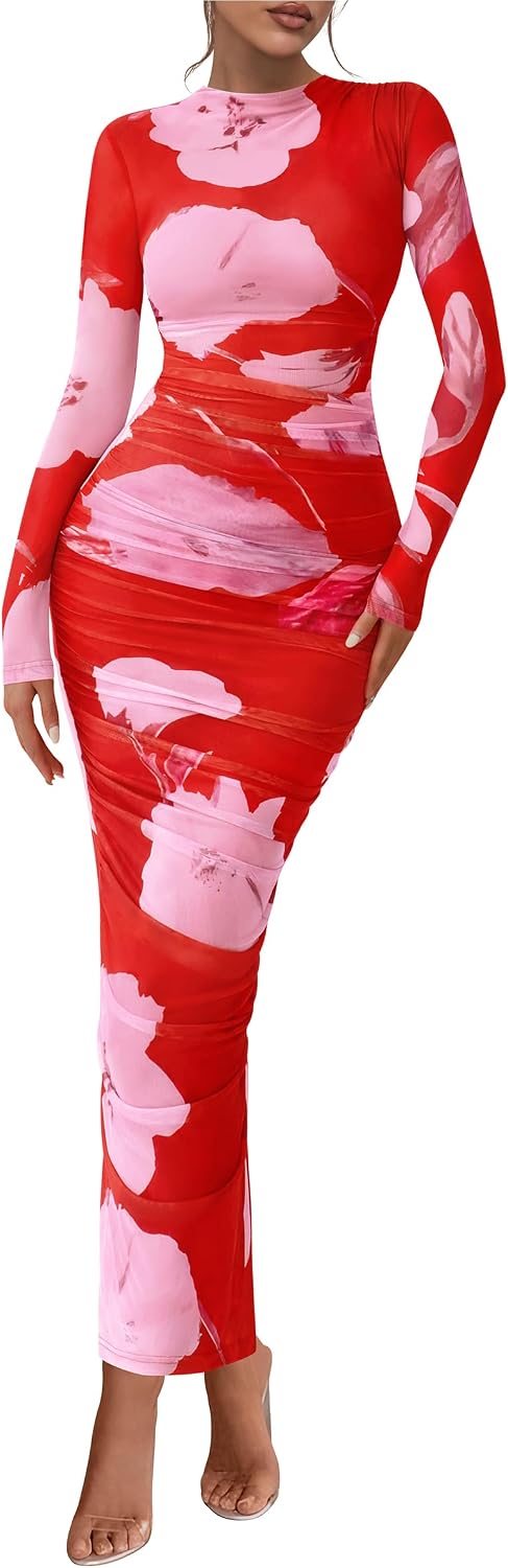 PRETTYGARDEN Long Sleeve Maxi Dresses for Women Wedding Guest Fall Outfits | Ruched Bodycon Dress Long, Floral Mesh, Date Night, Formal Cocktail Party, Homecoming Holiday Dresses
