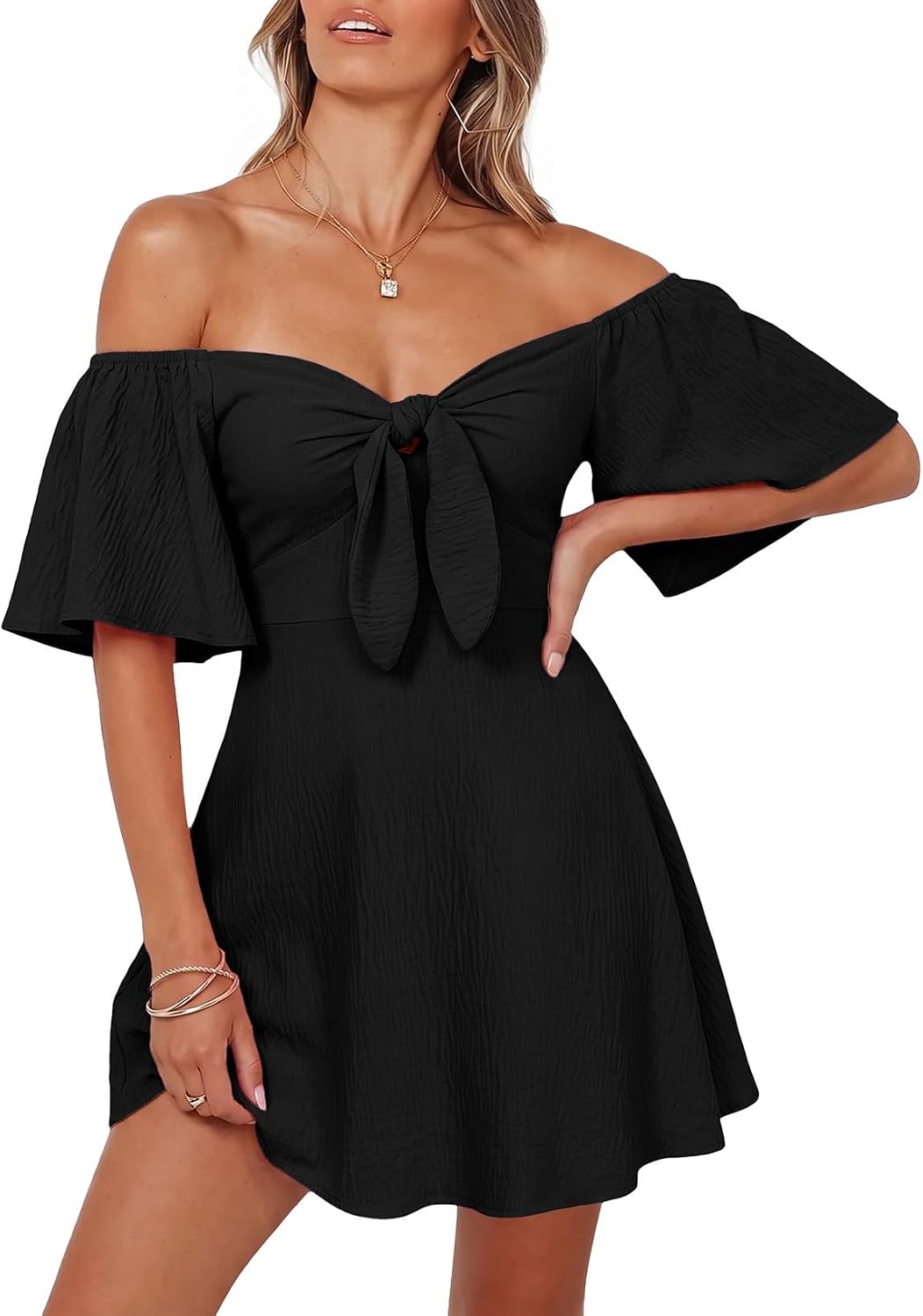 Dokotoo Womens Dresses 2026 Deep V Neck Elegant Bow tie Mini Dress S-XL | 2026 Summer Fall,Short Sleeve,V Neck,Graduation Party Dress,Elegant,Flowy Beach Vacation Wear,Casual Dress