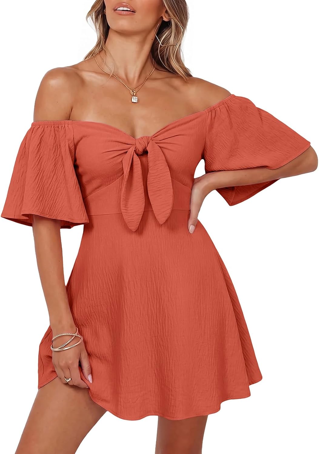 Dokotoo Womens Dresses 2026 Deep V Neck Elegant Bow tie Mini Dress S-XL | 2026 Summer Fall,Short Sleeve,V Neck,Graduation Party Dress,Elegant,Flowy Beach Vacation Wear,Casual Dress