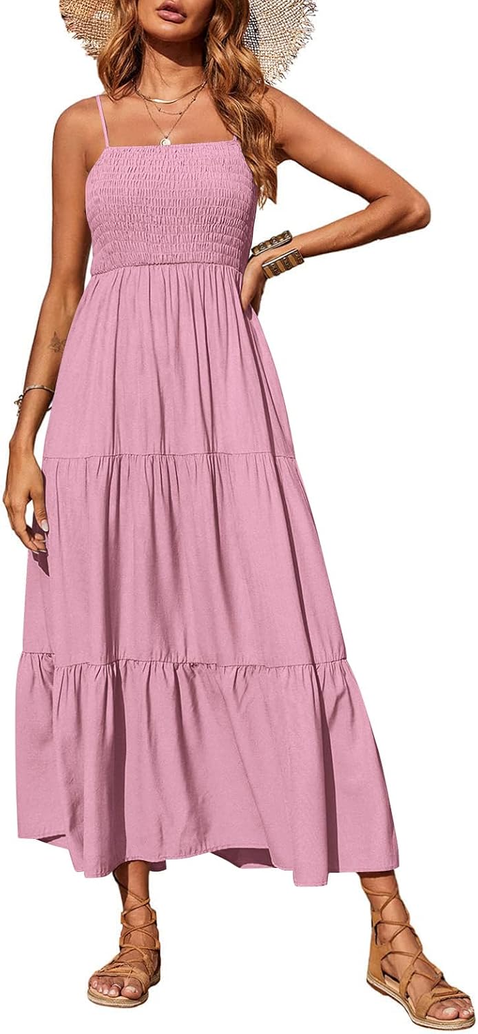 PRETTYGARDEN Women's Summer Maxi Dress 2026 Spaghetti Strap Sundresses | Boho Dress, Sleeveless, Smocked, Flowy Tiered A Line Long Dress, Beach Vacation, Party, Wedding Guest