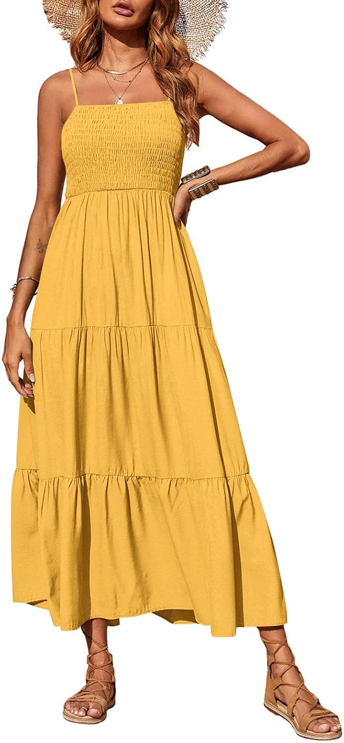 PRETTYGARDEN Women's Summer Maxi Dress 2026 Spaghetti Strap Sundresses | Boho Dress, Sleeveless, Smocked, Flowy Tiered A Line Long Dress, Beach Vacation, Party, Wedding Guest