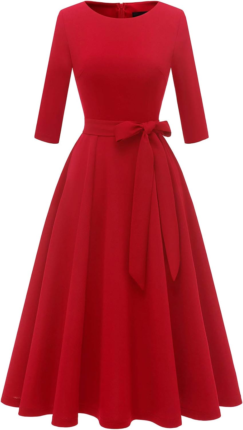 DRESSTELLS Cocktail Dresses for Women, Vintage Wedding Guest Church Dress | 3\/4 Sleeves, A-line, Mid Calf, Detachable Belt, Ideal for Formal Tea Party