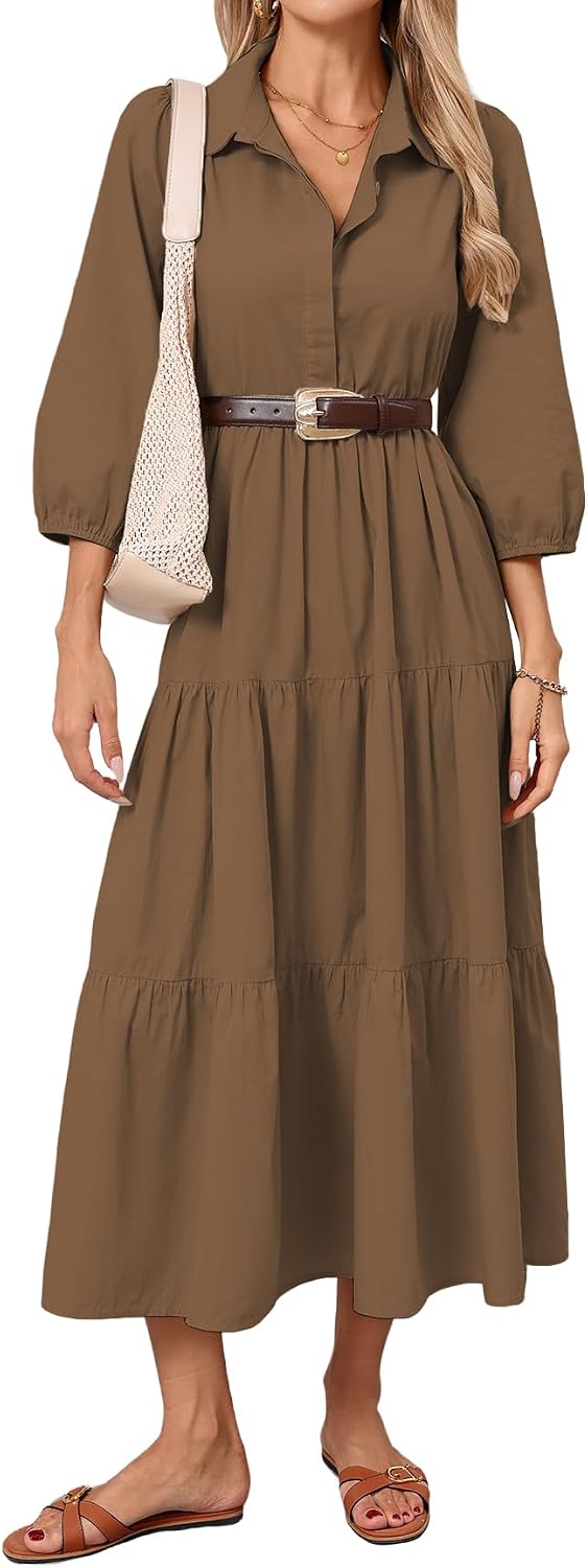 Women Button Down Maxi Shirt Dress Long Sleeve Flowy Tiered Collared Dresses with Pockets