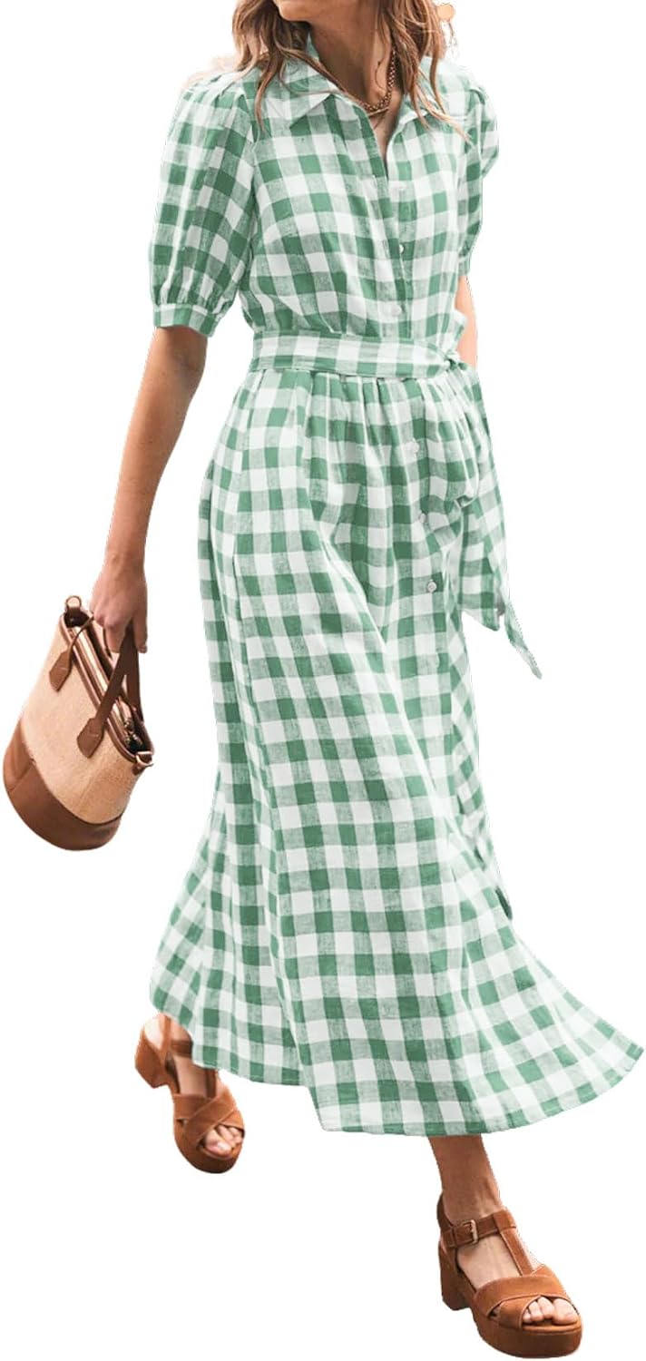 CHARTOU Women Summer Plaid Puff Short Sleeve Dress Button Down Long Shirt Dress with Belt