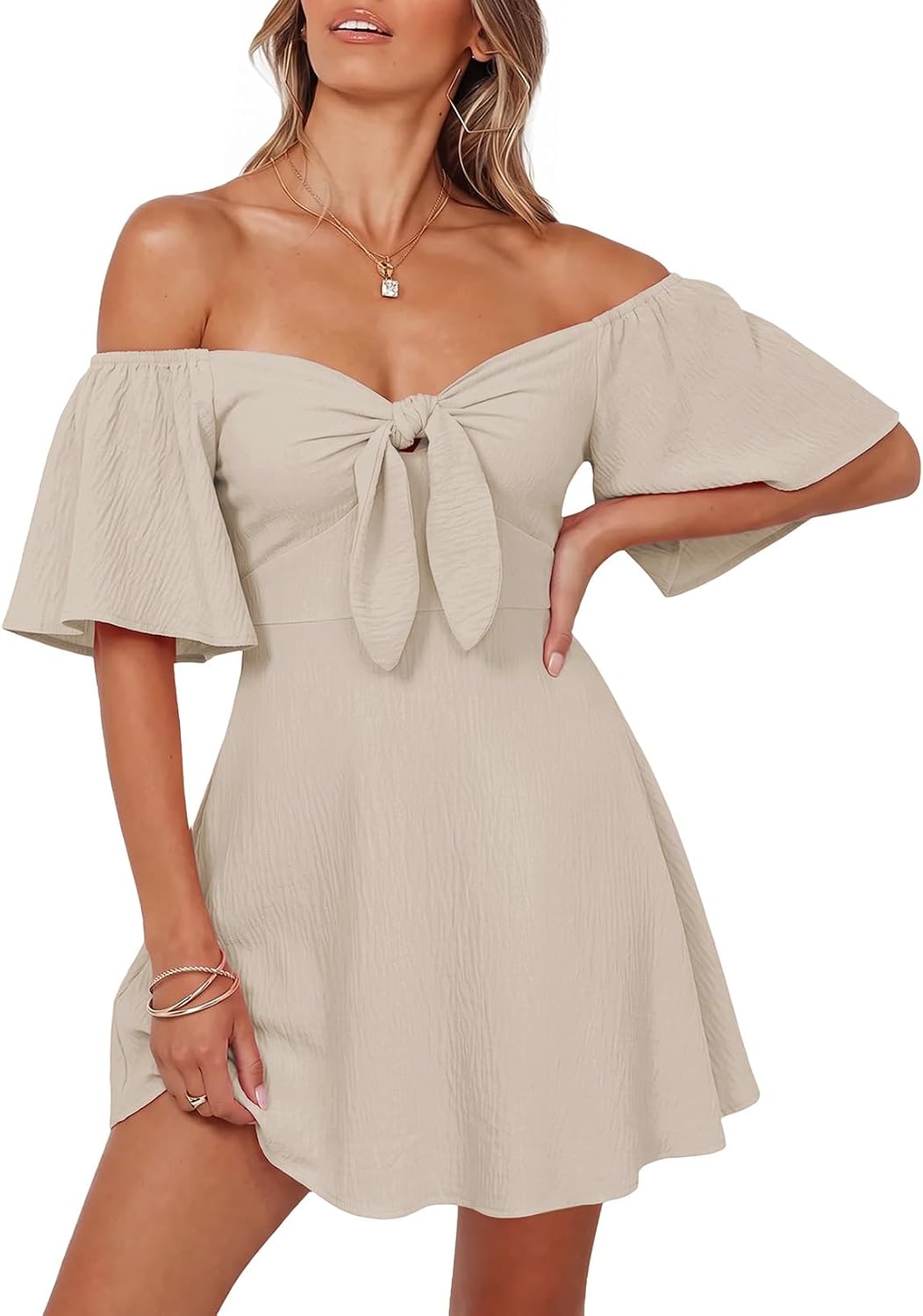 Dokotoo Womens Dresses 2026 Deep V Neck Elegant Bow tie Mini Dress S-XL | 2026 Summer Fall,Short Sleeve,V Neck,Graduation Party Dress,Elegant,Flowy Beach Vacation Wear,Casual Dress