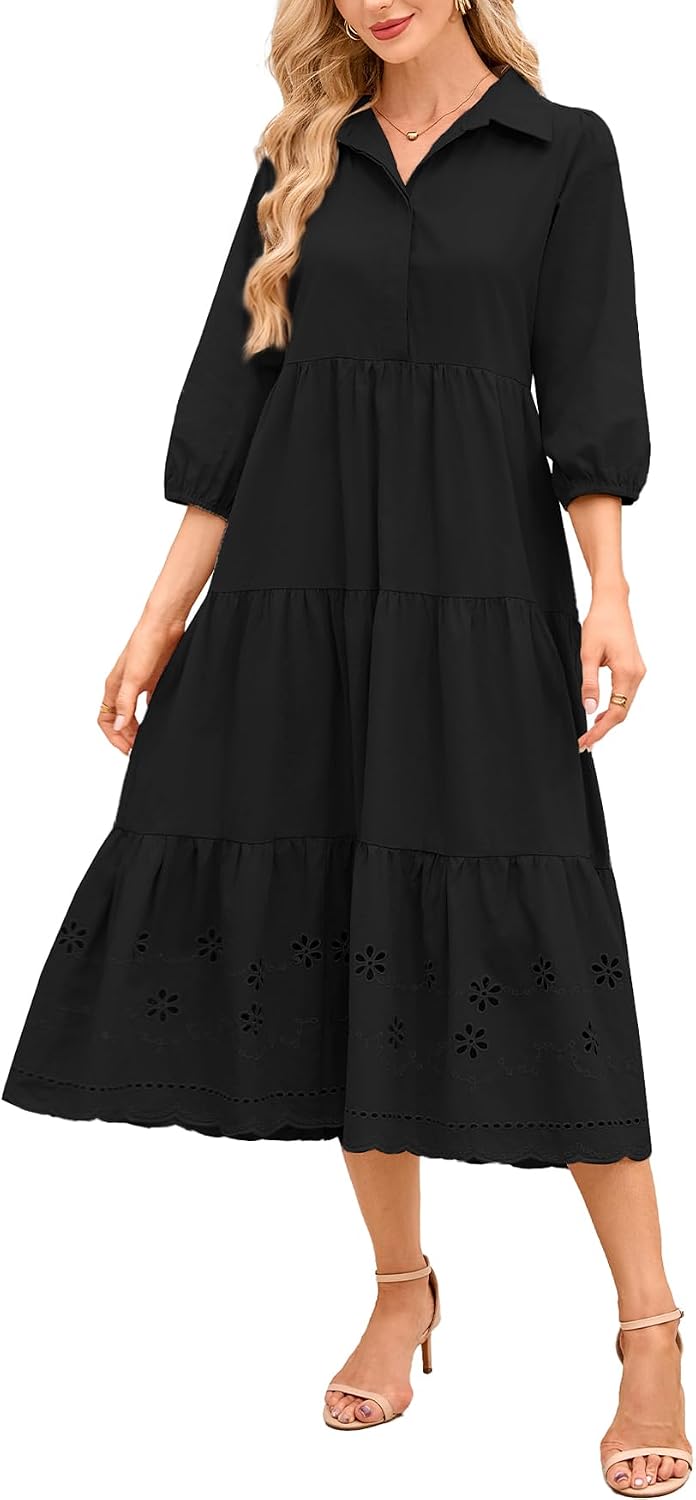 Women Button Down Maxi Shirt Dress Long Sleeve Flowy Tiered Collared Dresses with Pockets