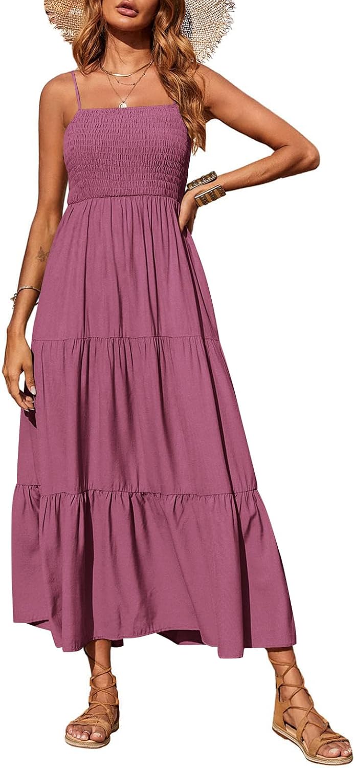 PRETTYGARDEN Women's Summer Maxi Dress 2026 Spaghetti Strap Sundresses | Boho Dress, Sleeveless, Smocked, Flowy Tiered A Line Long Dress, Beach Vacation, Party, Wedding Guest