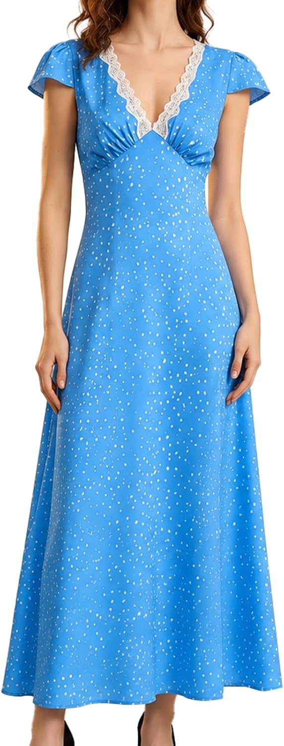 RIHOAS Women Polka Dots Dress Lace Trim V Neck Short Sleeve Long Dresses | 2026,Casual,Long,Semi Formal,Party,Prom,Vocation,Dinner,Fall,Summer,Elegant,Church,Beach