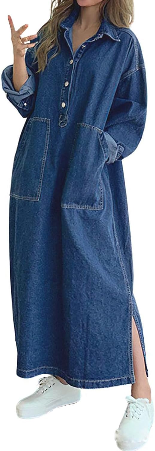 Jofemuho Womens Casual jean dress Long Sleeve Denim Maxi Shirt Dress | with Split western country oversized dress Spring Fall
