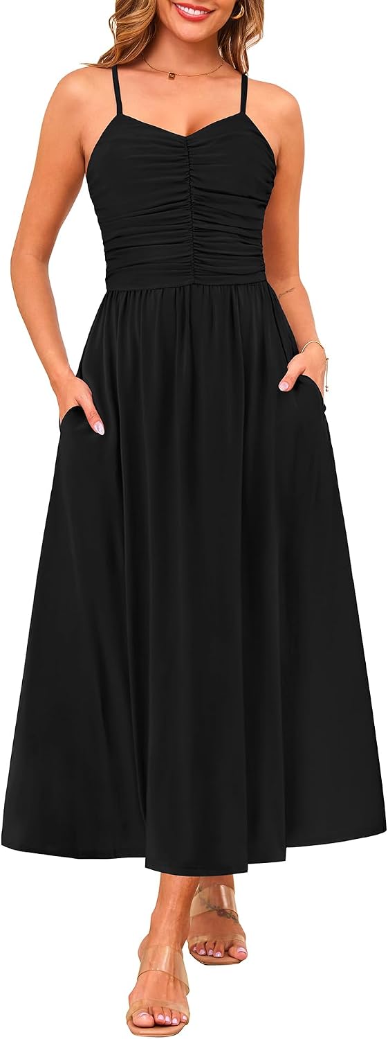 Annebouti Women's Summer Adjustable Spaghetti Strap Ruched Maxi Sun Dress | Dress with Pockets, Lined Bodice, Boho Floral Print, Perfect Summer Dress for Wedding Guest, Beach, Vacation, Resort Wear