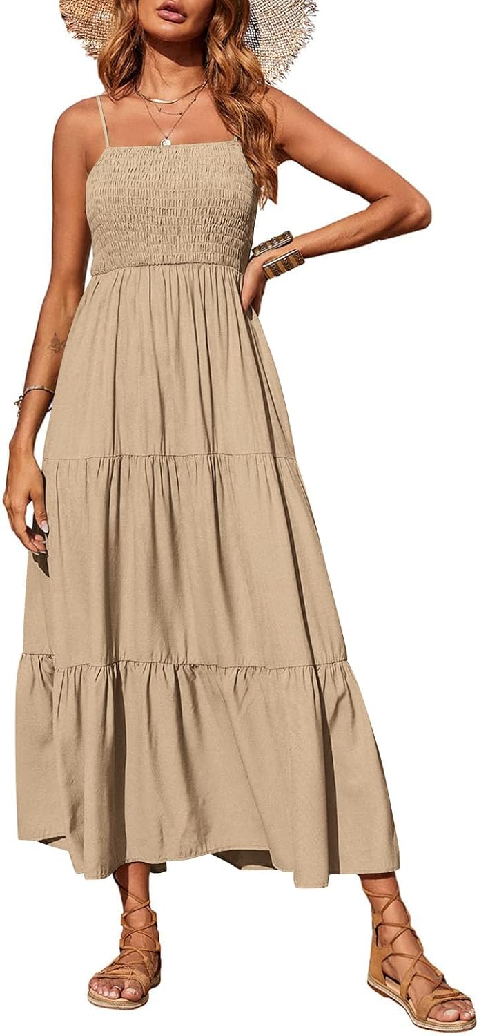 PRETTYGARDEN Women's Summer Maxi Dress 2026 Spaghetti Strap Sundresses | Boho Dress, Sleeveless, Smocked, Flowy Tiered A Line Long Dress, Beach Vacation, Party, Wedding Guest