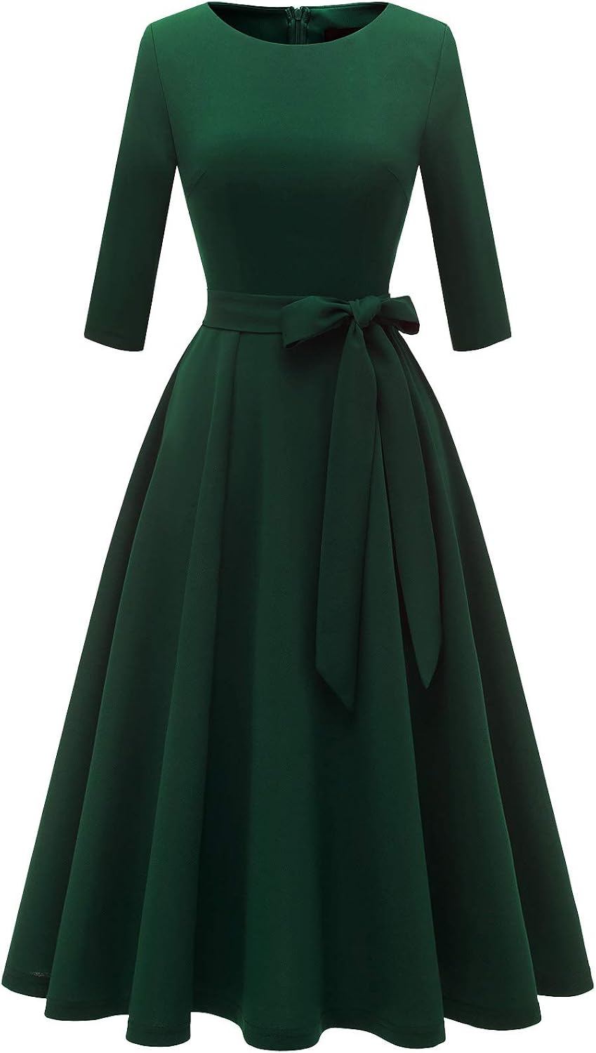 DRESSTELLS Cocktail Dresses for Women, Vintage Wedding Guest Church Dress | 3\/4 Sleeves, A-line, Mid Calf, Detachable Belt, Ideal for Formal Tea Party