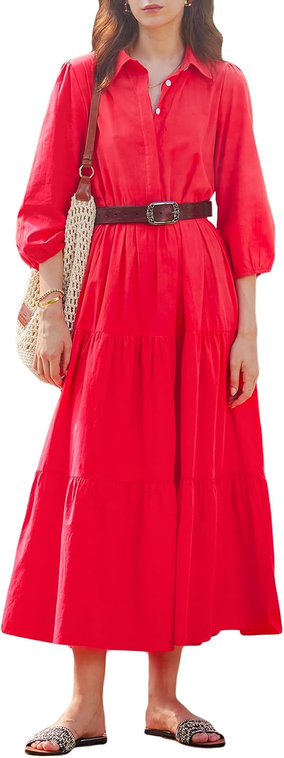 Women Button Down Maxi Shirt Dress Long Sleeve Flowy Tiered Collared Dresses with Pockets
