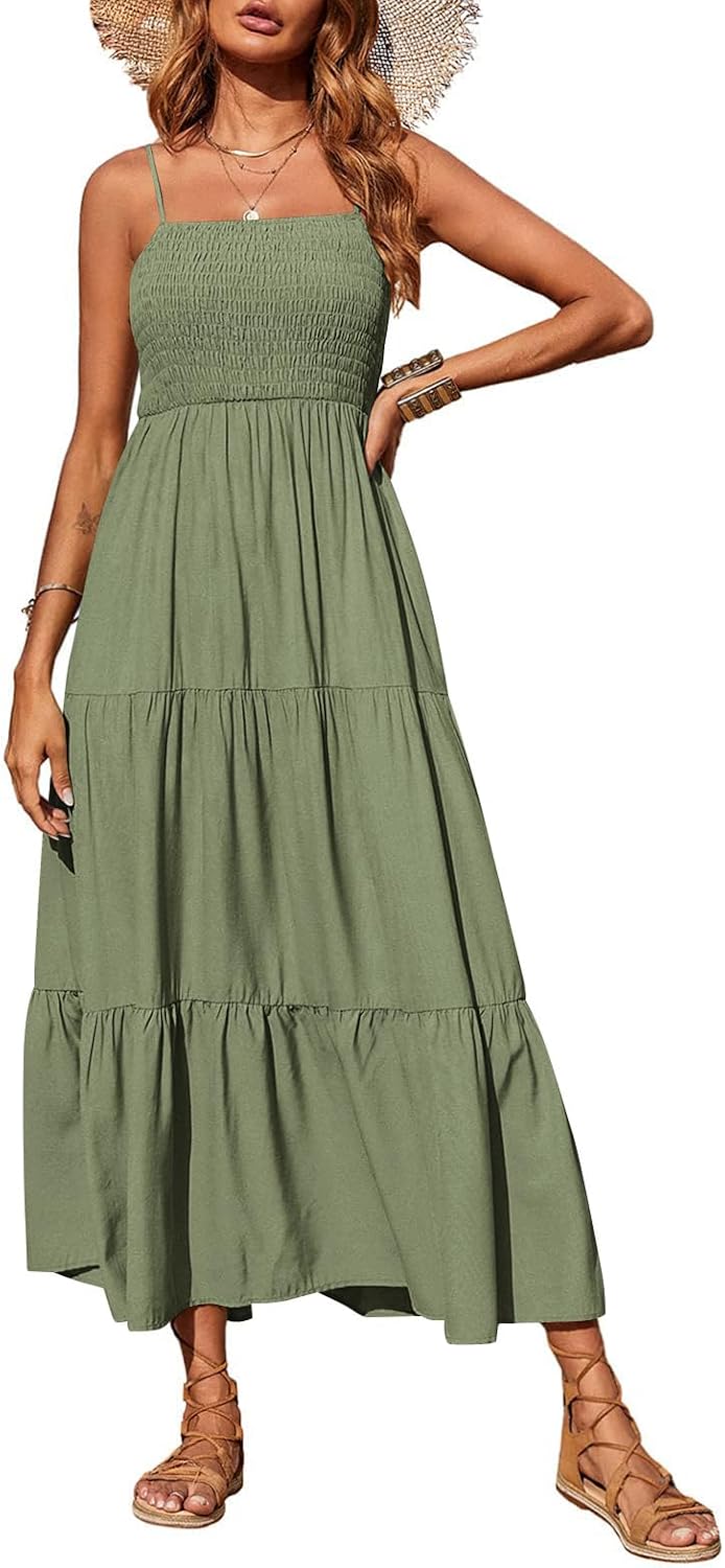 PRETTYGARDEN Women's Summer Maxi Dress 2026 Spaghetti Strap Sundresses | Boho Dress, Sleeveless, Smocked, Flowy Tiered A Line Long Dress, Beach Vacation, Party, Wedding Guest
