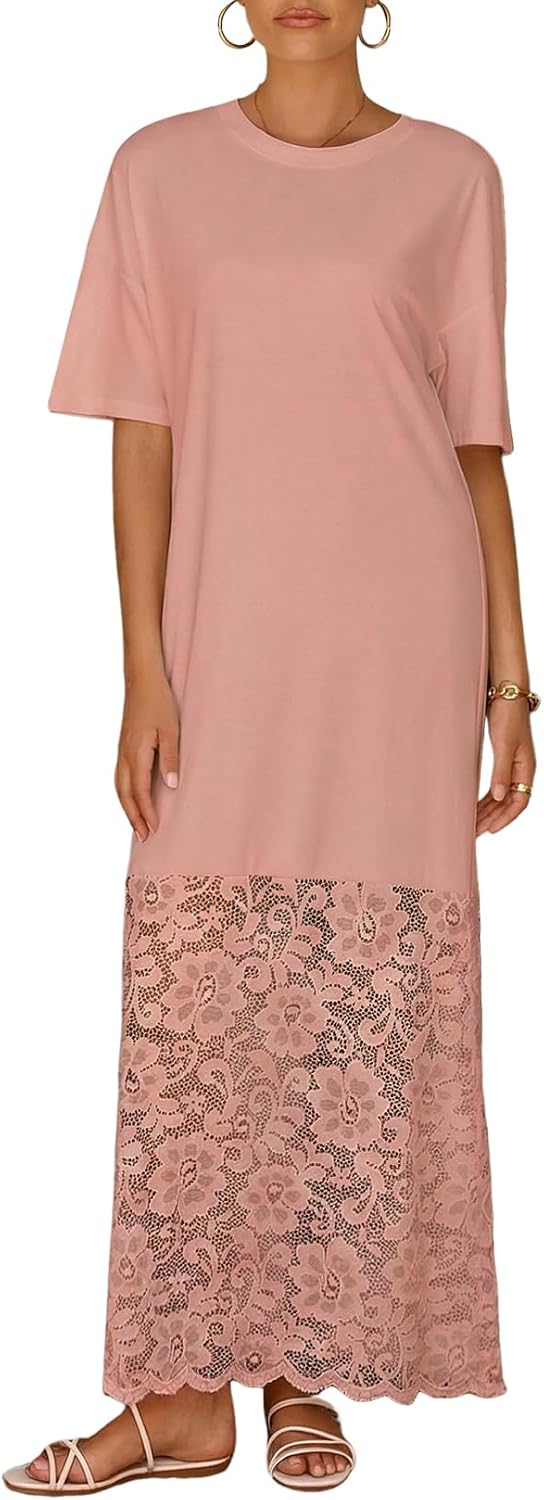 LOLONG Women Short Sleeve Lace Patchwork Crew Neck Maxi Dress Summer Trendy | Casual Loose Fit; Soft Solid Color Fabric; for Beach Vacation、Party Formal、Work Business
