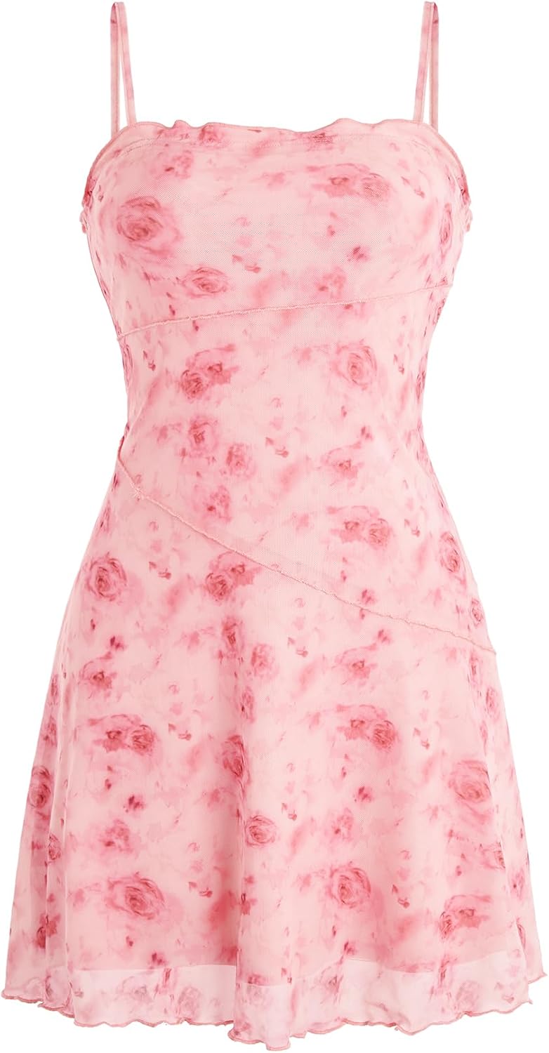 Verdusa Women's Mini Dress Floral Mesh Spaghetti Strap Short Dresses Y2k | Gothic Goth Dress, Grunge Emo Clothes, Teen Dresses, Teen Wedding Guest Dress