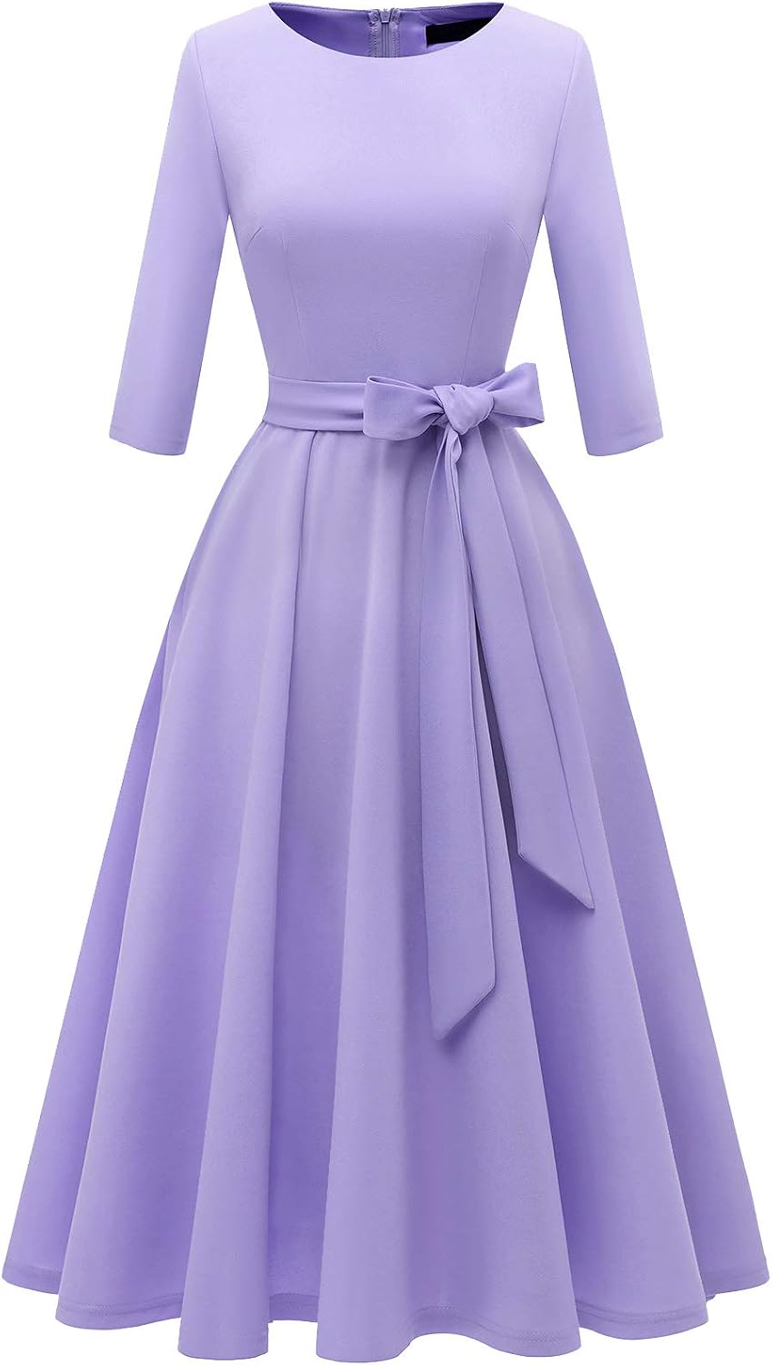 DRESSTELLS Cocktail Dresses for Women, Vintage Wedding Guest Church Dress | 3\/4 Sleeves, A-line, Mid Calf, Detachable Belt, Ideal for Formal Tea Party