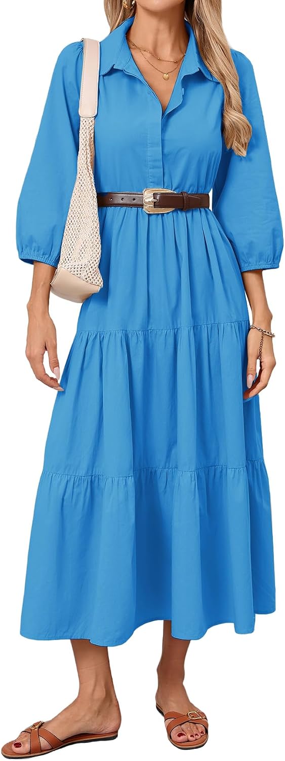 Women Button Down Maxi Shirt Dress Long Sleeve Flowy Tiered Collared Dresses with Pockets