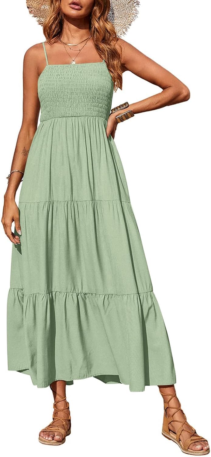 PRETTYGARDEN Women's Summer Maxi Dress 2026 Spaghetti Strap Sundresses | Boho Dress, Sleeveless, Smocked, Flowy Tiered A Line Long Dress, Beach Vacation, Party, Wedding Guest
