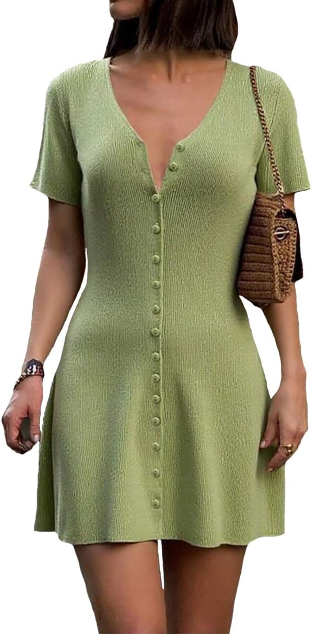 LOFAAC Women Sexy V Neck Button Down Knitted Short Dress Slim Fit Cap Sleeve Flowy Swing Going Out Mini Dress Summer