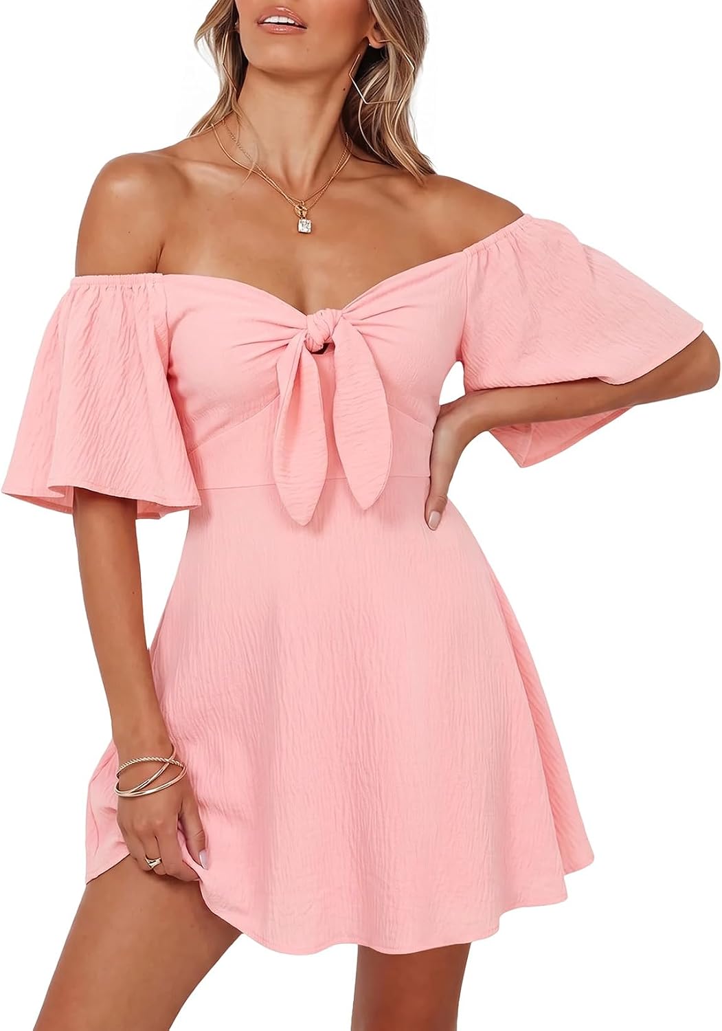 Dokotoo Womens Dresses 2026 Deep V Neck Elegant Bow tie Mini Dress S-XL | 2026 Summer Fall,Short Sleeve,V Neck,Graduation Party Dress,Elegant,Flowy Beach Vacation Wear,Casual Dress