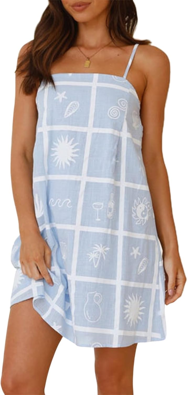 NUFIWI Women Boho Graffiti Cami Mini Dress Spaghetti Strap Printed A Line Short Dress Cute Colorful Sundress