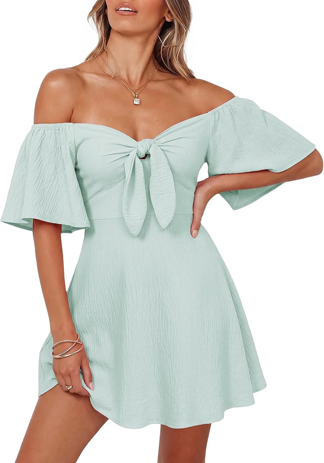 Dokotoo Womens Dresses 2026 Deep V Neck Elegant Bow tie Mini Dress S-XL | 2026 Summer Fall,Short Sleeve,V Neck,Graduation Party Dress,Elegant,Flowy Beach Vacation Wear,Casual Dress