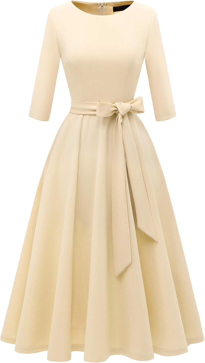 DRESSTELLS Cocktail Dresses for Women, Vintage Wedding Guest Church Dress | 3\/4 Sleeves, A-line, Mid Calf, Detachable Belt, Ideal for Formal Tea Party