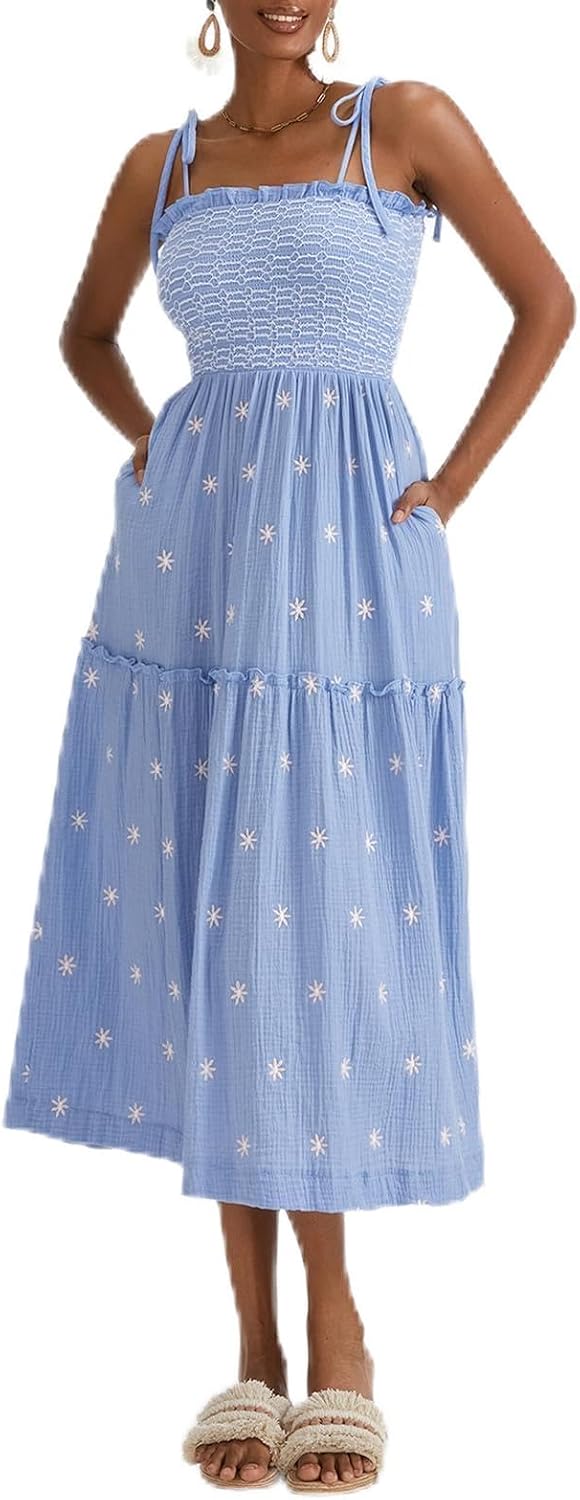 ABYOVRT Women Floral Embroidered Maxi Dress Sleeveless Tie Shoulder Smocked Flowy Dress Boho Summer Sundresses with Pockets