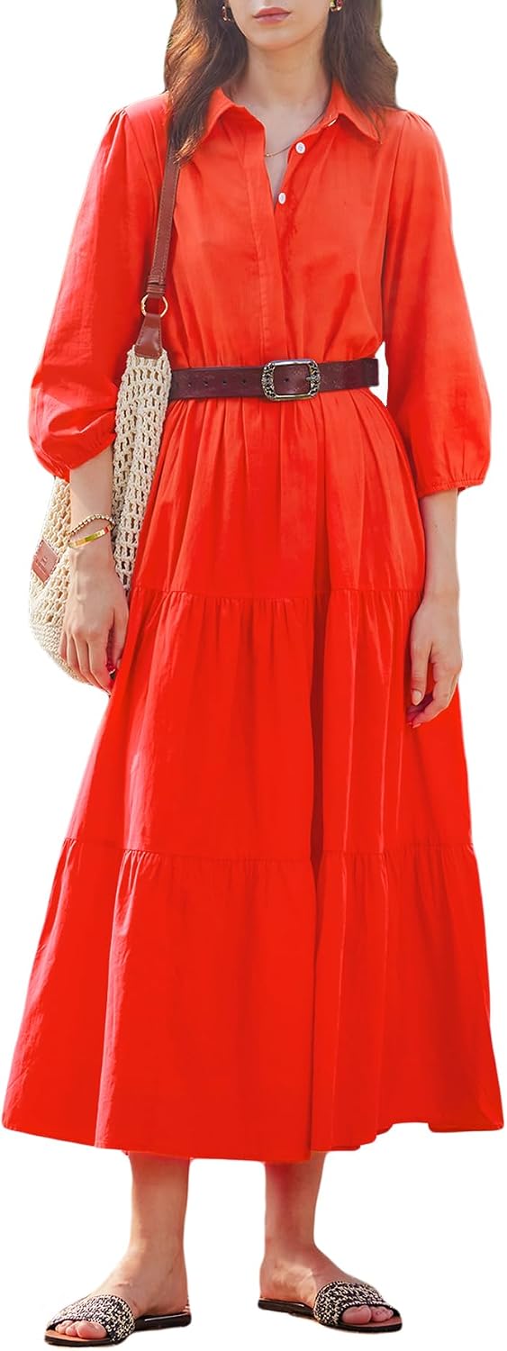 Women Button Down Maxi Shirt Dress Long Sleeve Flowy Tiered Collared Dresses with Pockets