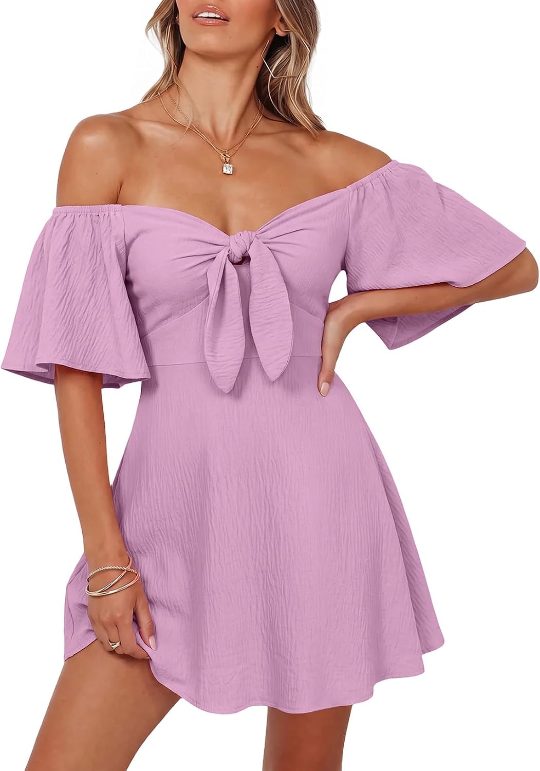 Dokotoo Womens Dresses 2026 Deep V Neck Elegant Bow tie Mini Dress S-XL | 2026 Summer Fall,Short Sleeve,V Neck,Graduation Party Dress,Elegant,Flowy Beach Vacation Wear,Casual Dress
