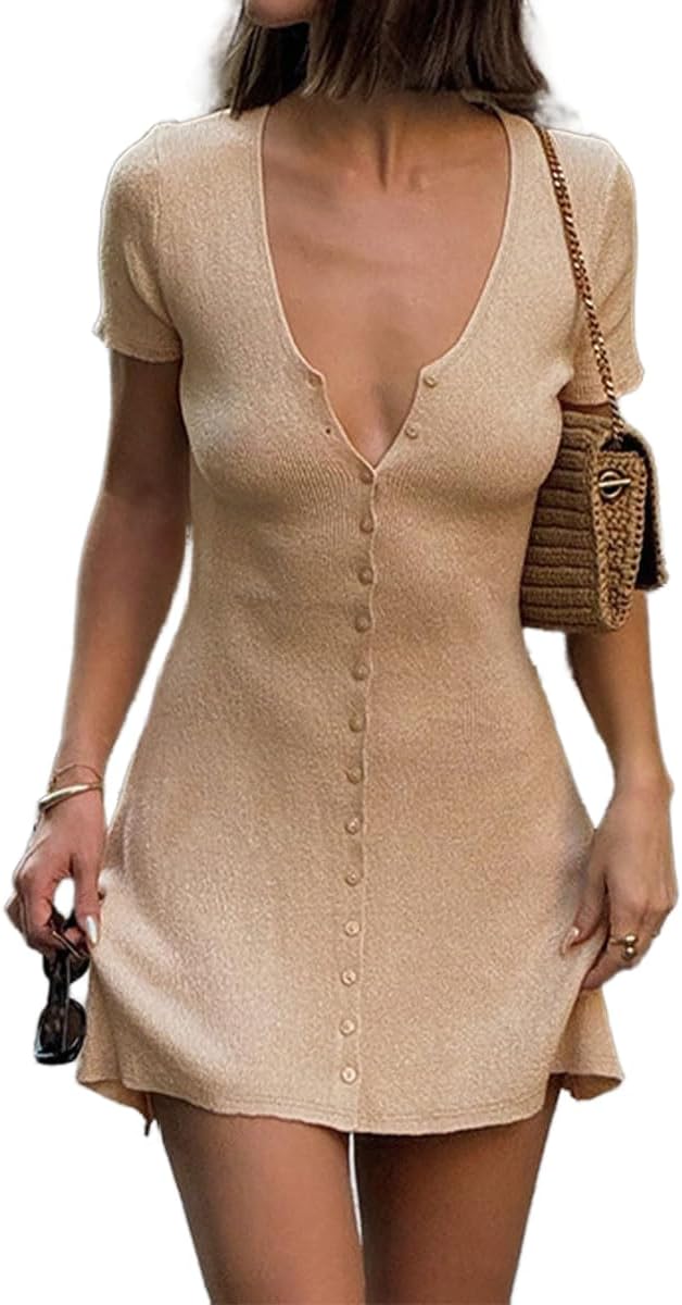 LOFAAC Women Sexy V Neck Button Down Knitted Short Dress Slim Fit Cap Sleeve Flowy Swing Going Out Mini Dress Summer