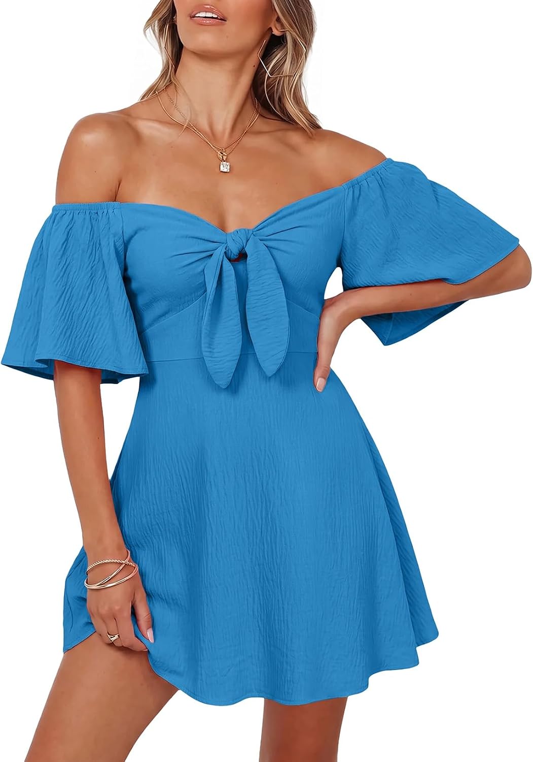 Dokotoo Womens Dresses 2026 Deep V Neck Elegant Bow tie Mini Dress S-XL | 2026 Summer Fall,Short Sleeve,V Neck,Graduation Party Dress,Elegant,Flowy Beach Vacation Wear,Casual Dress
