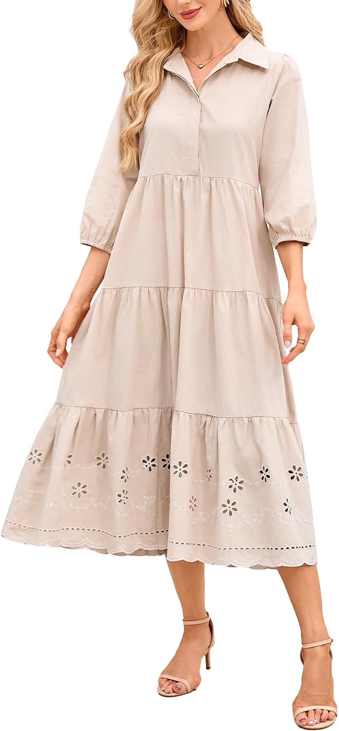 Women Button Down Maxi Shirt Dress Long Sleeve Flowy Tiered Collared Dresses with Pockets