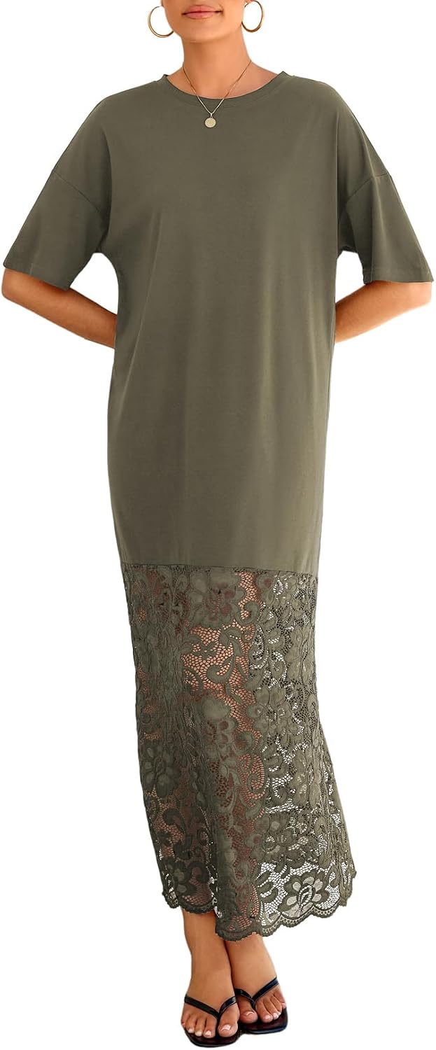 LOLONG Women Short Sleeve Lace Patchwork Crew Neck Maxi Dress Summer Trendy | Casual Loose Fit; Soft Solid Color Fabric; for Beach Vacation、Party Formal、Work Business