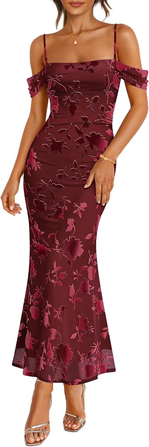ZESICA Women's Floral Sleeveless Bodycon Cocktail Maxi Dress | Spaghetti Strap, Off Shoulder, Ruched Elegant, Formal Wedding Guest Long Dresses, Rehearsal Dinner Night Out Summer Outfits
