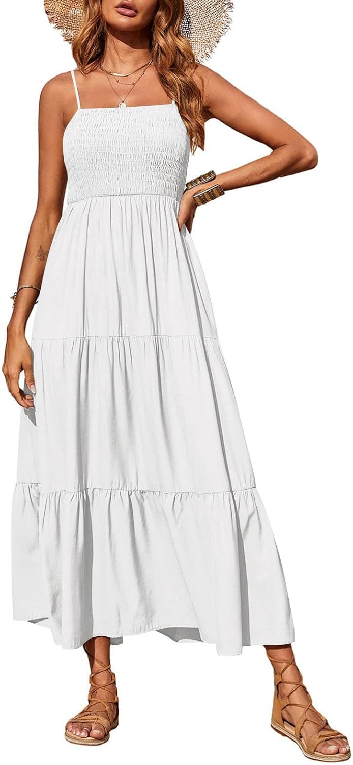 PRETTYGARDEN Women's Summer Maxi Dress 2026 Spaghetti Strap Sundresses | Boho Dress, Sleeveless, Smocked, Flowy Tiered A Line Long Dress, Beach Vacation, Party, Wedding Guest