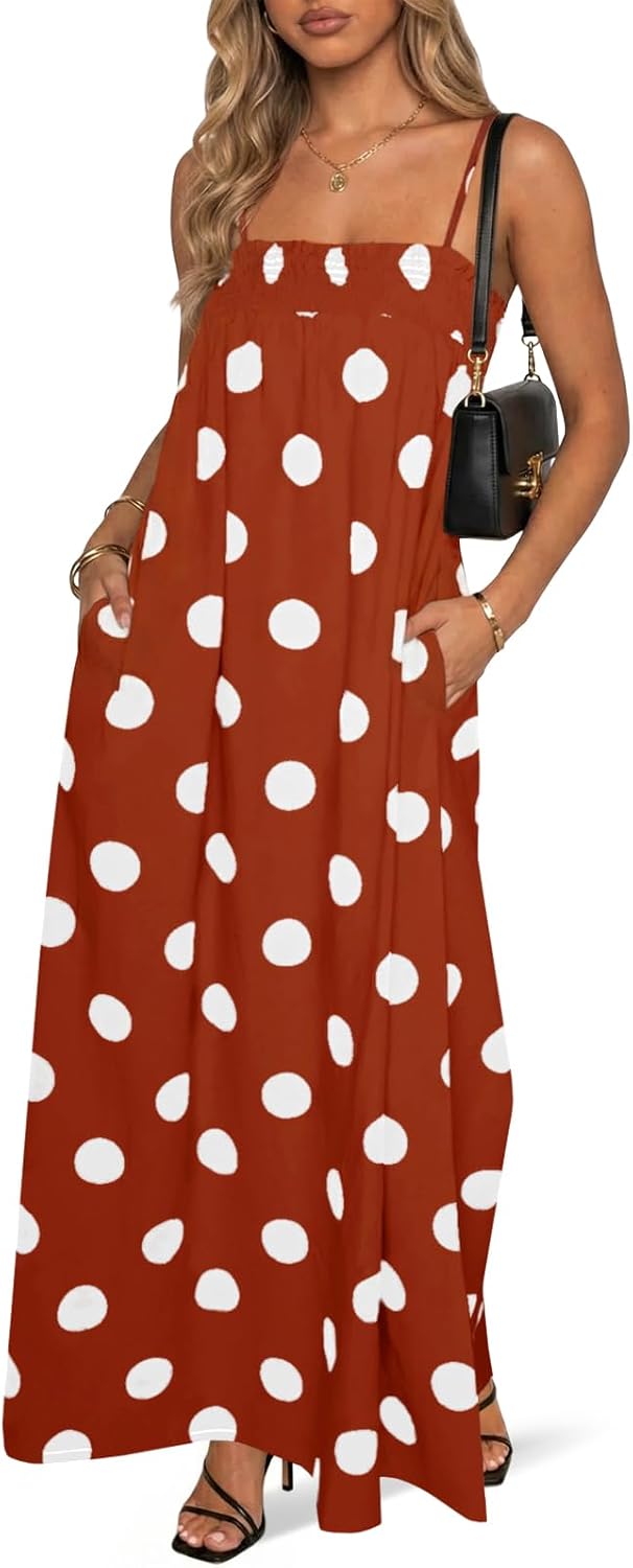 Wenrine Womens Polka Dot Maxi Dress Spaghetti Strap Long Summer Dresses | Polkadot, Sleeveless, Smocked, Loose Fit, Flowy, Long Beach Dress, Casual, Vacation
