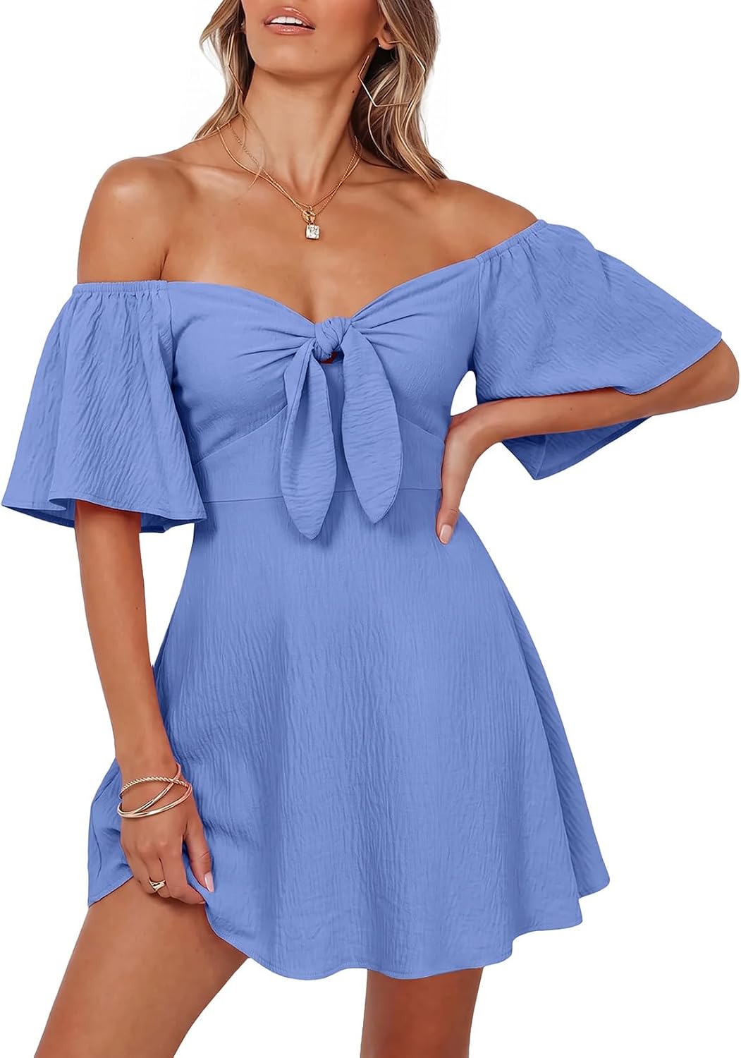 Dokotoo Womens Dresses 2026 Deep V Neck Elegant Bow tie Mini Dress S-XL | 2026 Summer Fall,Short Sleeve,V Neck,Graduation Party Dress,Elegant,Flowy Beach Vacation Wear,Casual Dress