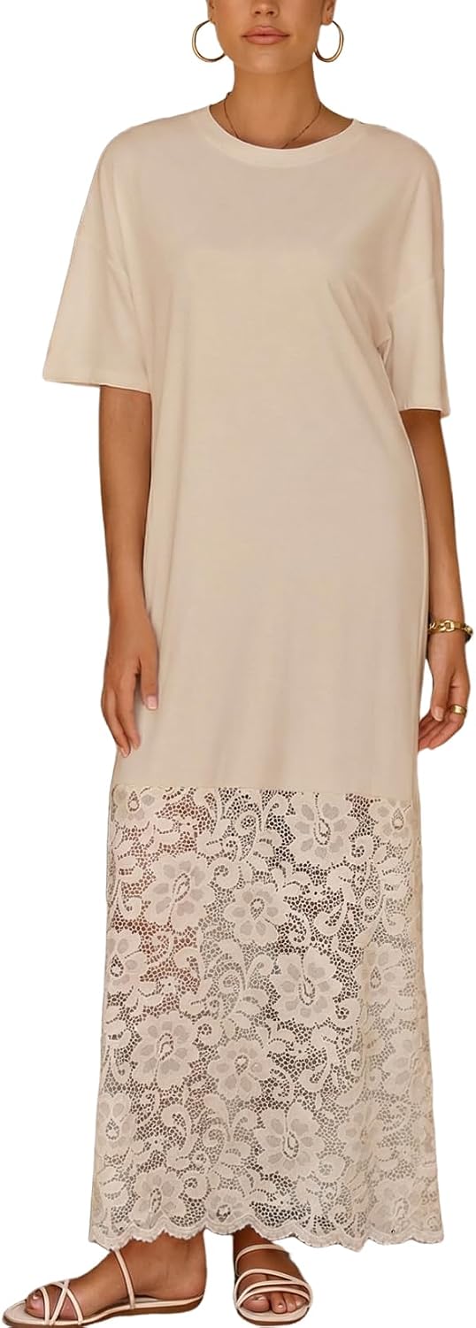 LOLONG Women Short Sleeve Lace Patchwork Crew Neck Maxi Dress Summer Trendy | Casual Loose Fit; Soft Solid Color Fabric; for Beach Vacation、Party Formal、Work Business