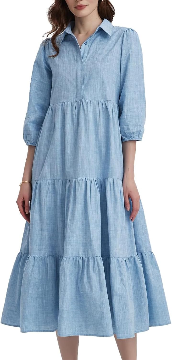 Women Button Down Maxi Shirt Dress Long Sleeve Flowy Tiered Collared Dresses with Pockets