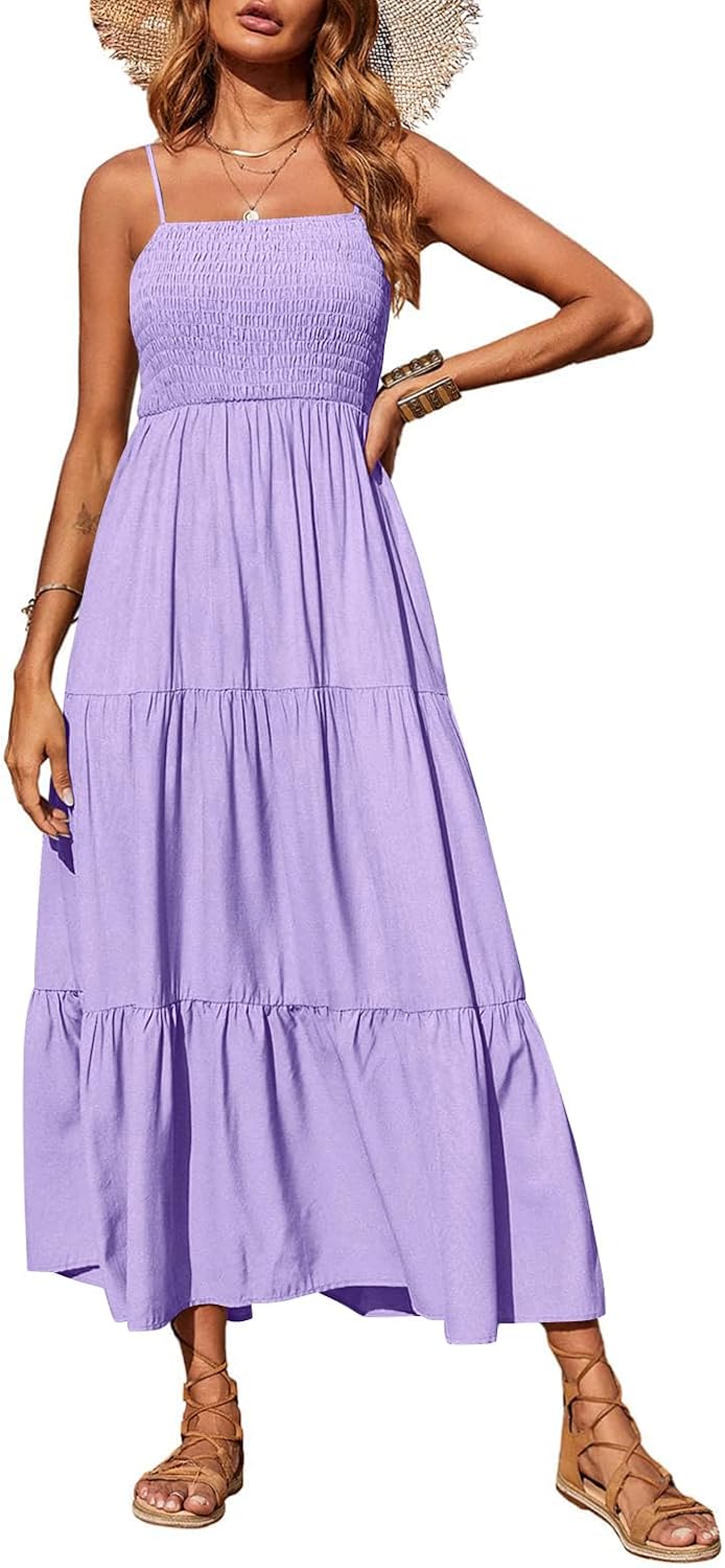 PRETTYGARDEN Women's Summer Maxi Dress 2026 Spaghetti Strap Sundresses | Boho Dress, Sleeveless, Smocked, Flowy Tiered A Line Long Dress, Beach Vacation, Party, Wedding Guest
