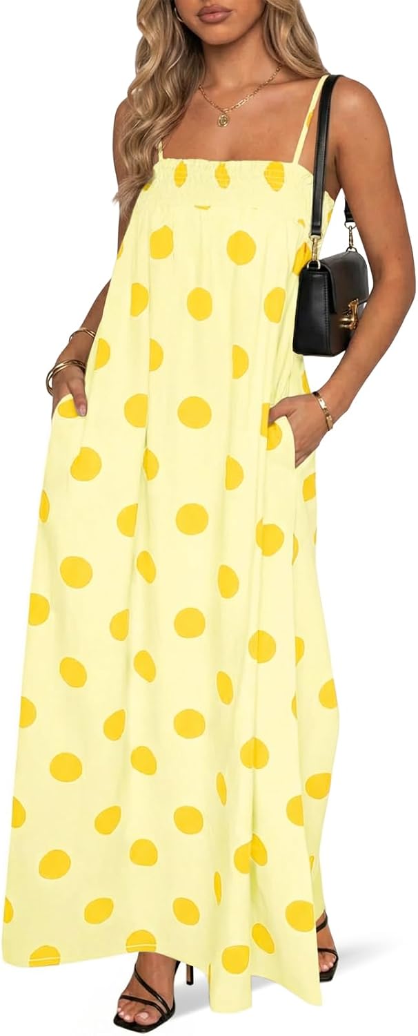 Wenrine Womens Polka Dot Maxi Dress Spaghetti Strap Long Summer Dresses | Polkadot, Sleeveless, Smocked, Loose Fit, Flowy, Long Beach Dress, Casual, Vacation