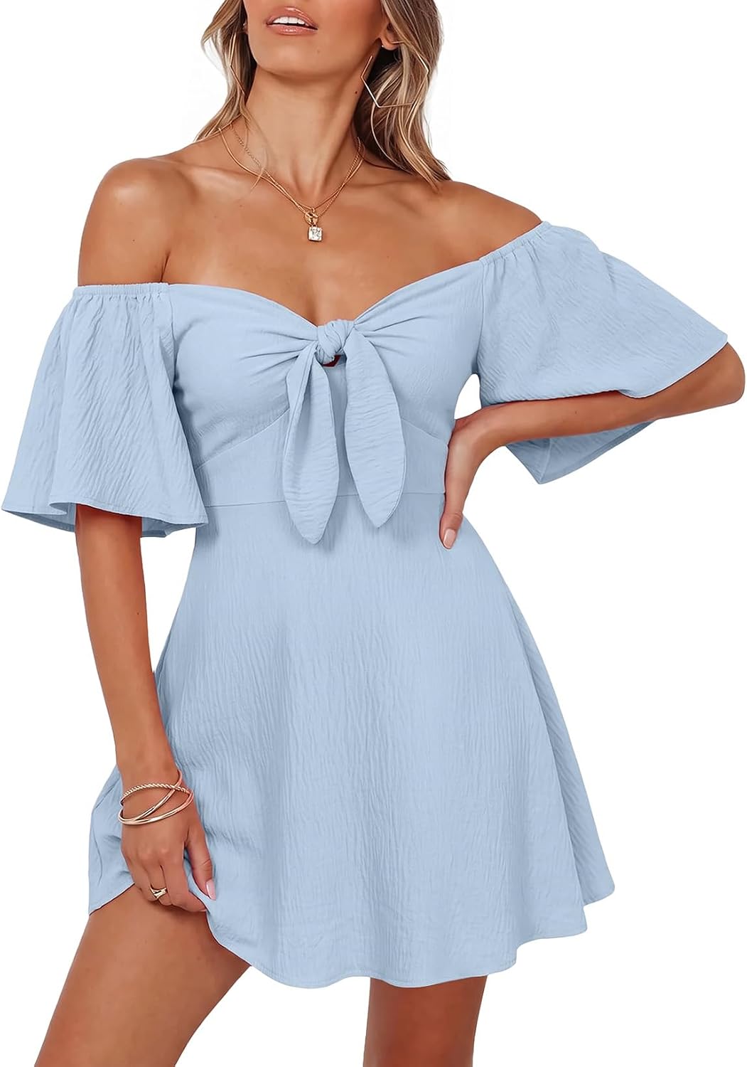 Dokotoo Womens Dresses 2026 Deep V Neck Elegant Bow tie Mini Dress S-XL | 2026 Summer Fall,Short Sleeve,V Neck,Graduation Party Dress,Elegant,Flowy Beach Vacation Wear,Casual Dress