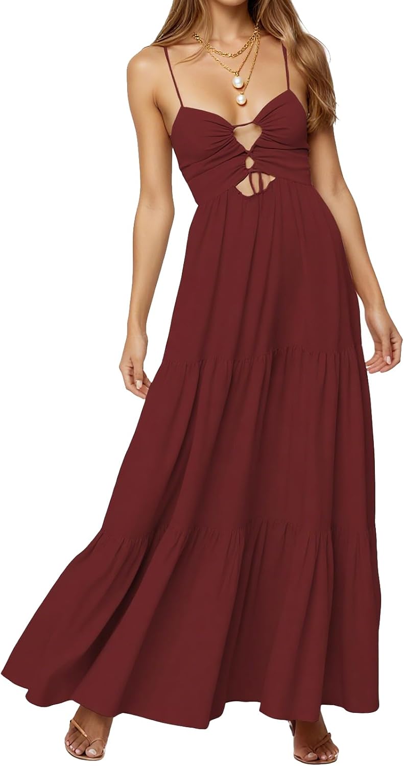 Womens Summer Floral Spaghetti Strap Backless Low Cut Smocked Milkmaid Flowy Beach Sundresses