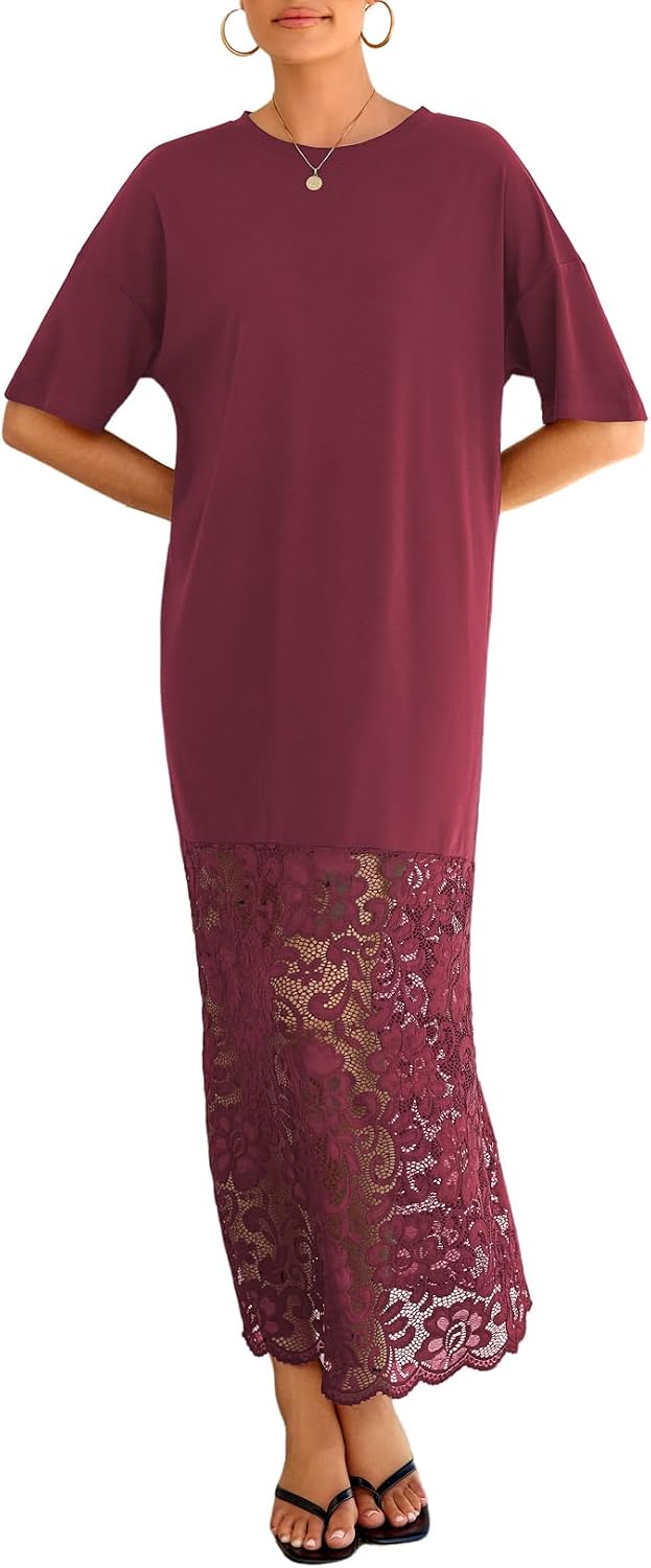 LOLONG Women Short Sleeve Lace Patchwork Crew Neck Maxi Dress Summer Trendy | Casual Loose Fit; Soft Solid Color Fabric; for Beach Vacation、Party Formal、Work Business