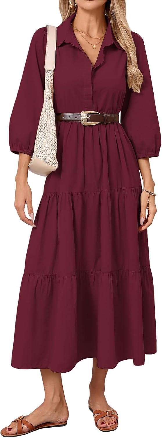 Women Button Down Maxi Shirt Dress Long Sleeve Flowy Tiered Collared Dresses with Pockets