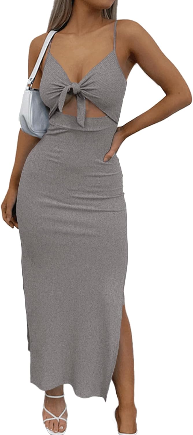 LYANER Women's Tie Knot Cut Out Sexy Maxi Dress | Summer Cut Out Side Split Sleeveless Knit Bodycon Vacation Long Sundress