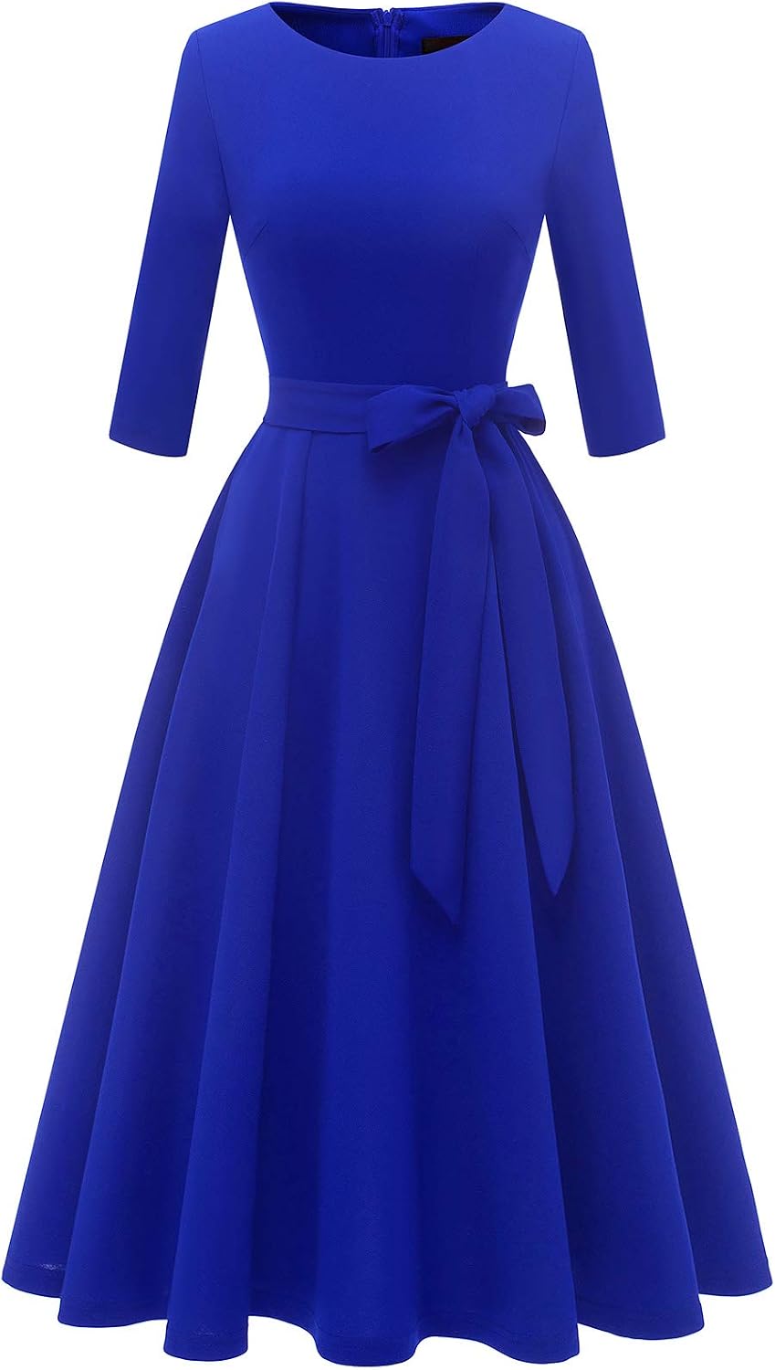 DRESSTELLS Cocktail Dresses for Women, Vintage Wedding Guest Church Dress | 3\/4 Sleeves, A-line, Mid Calf, Detachable Belt, Ideal for Formal Tea Party